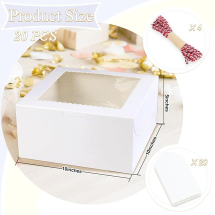 DOYIDE 20Pcs 10 Inch Cake Boxes with Window, 10x10x5 Inches White Bakery Boxes, Cake Carrier Container for Pastries, Pie, Cookies, Chocolates, Cupcakes, Birthday Party, Wedding