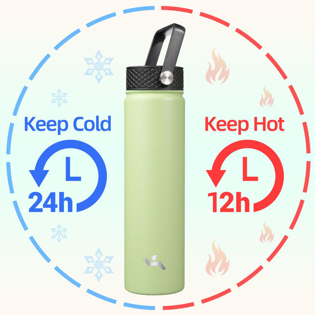 Konokyo Insulated Water Bottle with Straw,24oz 3 Lids Metal Bottles Stainless Steel Water Flask,Macaron Green