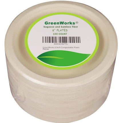 GreenWorks 100 Count 6“ Compostable Dessert Plates, Unbleached Biodegradable Bagasse and Bamboo fiber Paper Plates