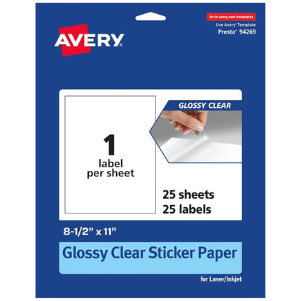 Avery Glossy Clear Sticker Paper, 8.5" x 11" Clear Stickers, 25 Glossy Clear Labels, Laser/Inkjet Printable Labels, Great for Product Labels, Wedding Labels, and Mailing Labels