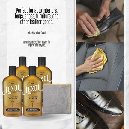 4X Lexol Step 1 Car Leather Cleaner and Conditioner 16.9 oz Liquid Bundle with Microfiber Towel – pH-Balanced Formula Safely Cleans and Prepares Leather for Conditioning – Gift Set (5 Items)