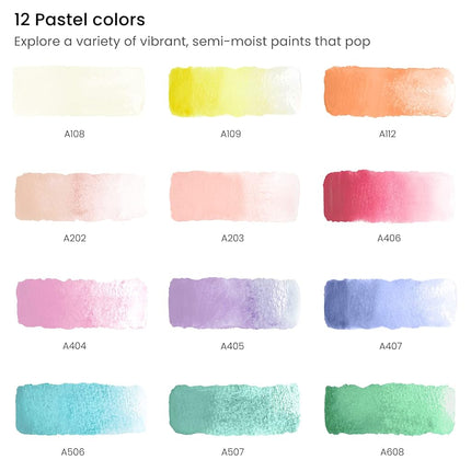 ARTEZA Watercolor Paint Set, 12 Pastel Tones Half Pans, Watercolor Set with Brush, Semi Moist Pastel Paint