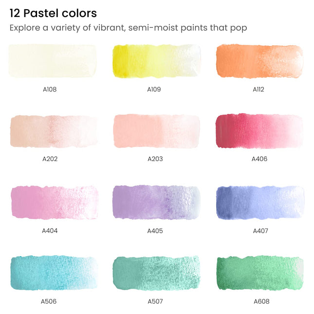 ARTEZA Watercolor Paint Set, 12 Pastel Tones Half Pans, Watercolor Set with Brush, Semi Moist Pastel Paint