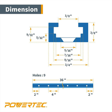 POWERTEC 72128 36 Inch Double-Cut Profile Universal T-Track with Predrilled Mounting Holes, with T Track & Work Bench Stops Plus Work Grippers and Finishing Cone - Bench Dog Cookies Fit 3/4" Dog Hole