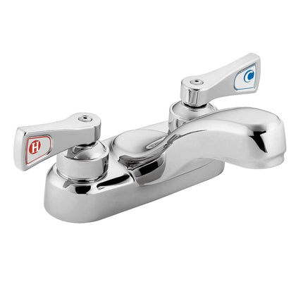 Moen 8210F05 M-Dura comercial con grifo para lavabo de 4 pulgadas entre centros y manijas de palanca de 2.5 pulgadas, 0.5 gpm, cromo
