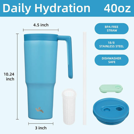 Vaso térmico Konokyo con asa y pajita, botella de agua de acero inoxidable al vacío de 40 oz, taza de viaje de metal con difusor de frutas, azul oscuro