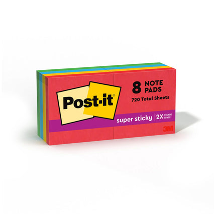 Post-it Super Sticky Notes, 8 Sticky Note Pads, 1.875 x 1.875 in., Back to School Supplies for Students, Ideal for Textbooks, Notebooks, and Vertical Surfaces, Playful Primaries Collection