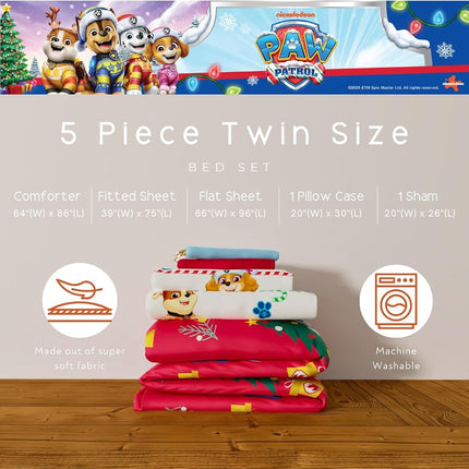 Paw Patrol Holiday & Christmas Soft Comforter and Sheet Set with Sham, 5 Piece Twin Size (Official Licensed Product) Franco