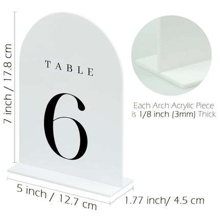 JINMURY White Arch Acrylic Table Numbers 1-15 with Stand, 5x7" White Arch Acrylic Sign and Holder Wedding Table Numbers for Reception, Centerpiece, Event (White Table Numbers 1-15, 5x7 Inch)
