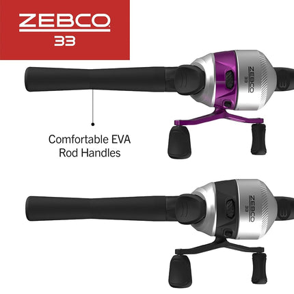 Zebco 33 Spincast Reel and Fishing Rod Combos (2-Pack), 5-Foot 6-Inch 2-Piece Fiberglass Rods with EVA Handle, Quickset Anti-Reverse Fishing Reels with Bite Alert, 1-Pink, 1-Black