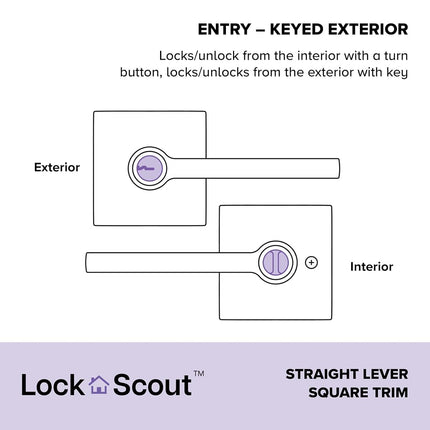 Lock Scout Straight Lever with Square Trim Keyed Entry Door Handle, Matte Black Finish, 4 Pack