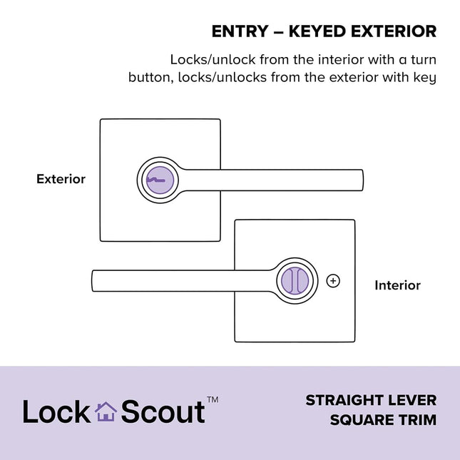 Lock Scout Straight Lever with Square Trim Keyed Entry Door Handle, Matte Black Finish