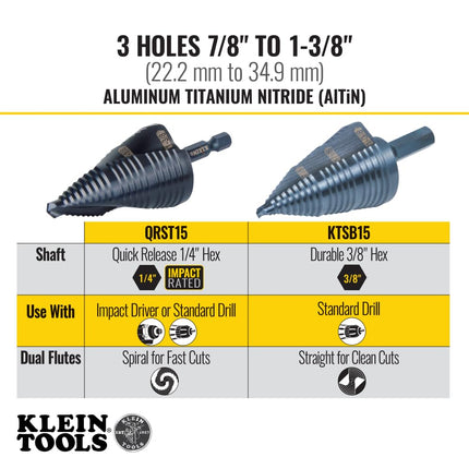 Step Drill Bit #15 Double Fluted 7/8 To 1-3/8-Inch KLEIN TOOLS KTSB15