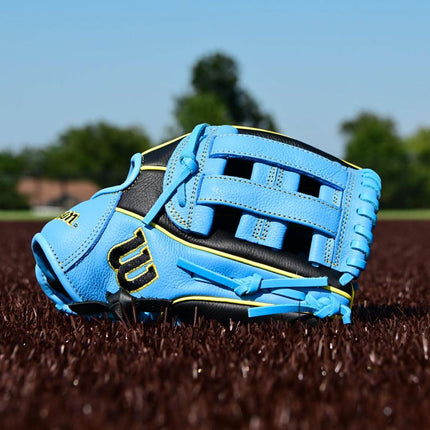 Wilson A500 11" Infield Youth Baseball Glove - Left Hand Throw, Blue/Grey/Red
