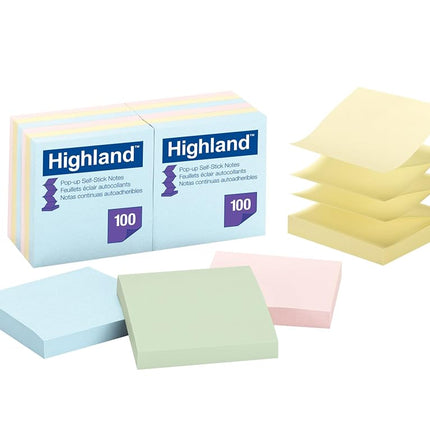Highland Pop-up Sticky Notes, 3 x 3 Inches, Assorted Pastel Colors, 12 Pack (6549-PUA)