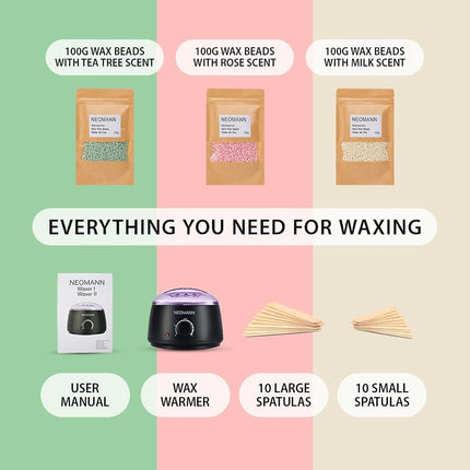 NEOMANN Waxer II Waxing Kit for Woman Non-Sticky, Teflon-Coated - Wax Warmer for Hair Removal incl. 300g Wax Beads, 20 Spatulas - Wax Machine or Wax Pot Perfect Brazilian Wax Kit for Women