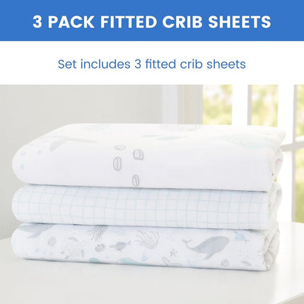 Delta Children Fitted Crib Sheets for Girls and Boys - 100% Organic Cotton Crib Sheet for Standard Crib and Toddler Mattresses - 28x52 Inch - GOTS Certified (Pack of 3), Sea Life