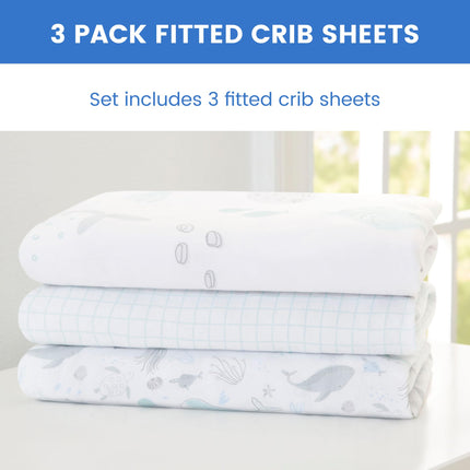 Delta Children Fitted Crib Sheets for Girls and Boys - 100% Organic Cotton Crib Sheet for Standard Crib and Toddler Mattresses - 28x52 Inch - GOTS Certified (Pack of 3), Sea Life