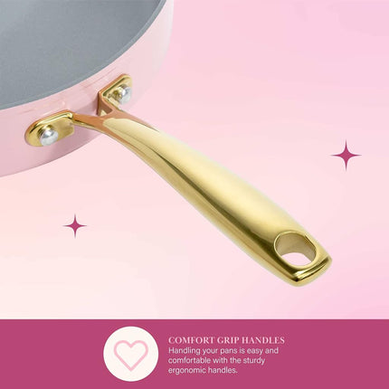 Paris Hilton Iconic Nonstick Pots and Pans Set, Multi-Layer Nonstick Coating, Matching Lids with Gold Handles, Made Without PFOA, Dishwasher Safe Cookware Set, 10-Piece, Pink