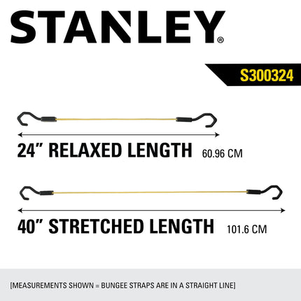 STANLEY S300324 Black/Yellow 24" Premium Flat Bungee Cord Straps, 2 Pack