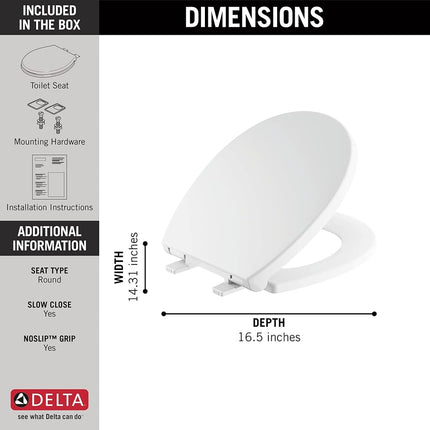 Delta Faucet Morgan Round Front Slow-Close White Toilet Seat with Non-Slip Seat Bumpers, White 801903-WH
