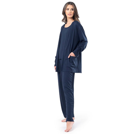 Conjunto de pijama de camiseta sin mangas, pantalón y cárdigan transpirable Fruit of the Loom para mujer, azul medianoche, S