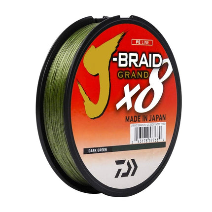 Daiwa, J-Braid x8 Grand Braided Line, 300 Yards, 65 lbs Tested, 016" Diameter, Dark Green