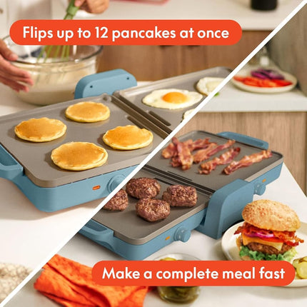 bella 10"x 20" Ceramic Fold-n-Store Dual Temp Griddle, Fits-anywhere� Kitchenware, EverGood� Ceramic Nonstick Coating, 2 Temperature Zones up to 400�F, Dishwasher Safe Drip Tray, 1500 Watt, Surf