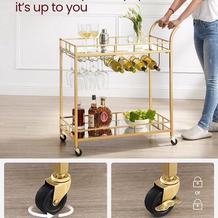 VASAGLE Bar Cart Gold, Home Bar Serving Cart, Wine Cart with 2 Mirrored Shelves, Wine Holders, Glass Holders, for Kitchen, Dining Room, Gold ULRC090A03
