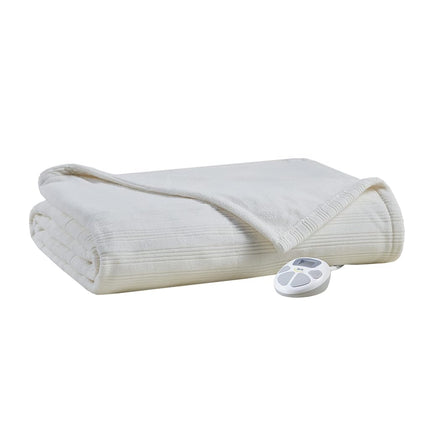 Serta Travis Fleece Ultra Soft Tri-Rib Textured Electric Bed Blanket, Cozy and Snuggly Cover Fast Heating for Cold Weather, Auto Shut Off, Multi Heat Setting Controller, Twin, Cream