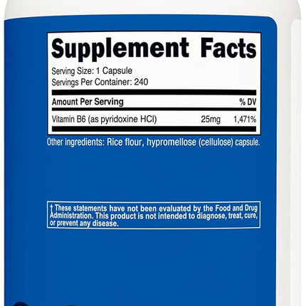 Nutricost Vitamin B6 (Pyridoxine HCl) 25mg, 240 Capsules - Non-GMO, Gluten Free and Vegetarian Friendly