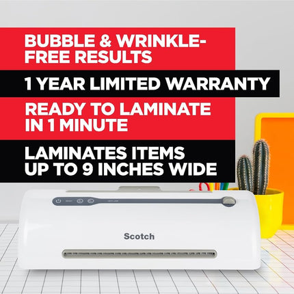 Scotch Rapid Thermal Laminator, Ready in 1 Minute, Never Jam Technology Automatically Prevents Misfed Items, 9 inch, Includes 2 Pouches (TL909X-EF)