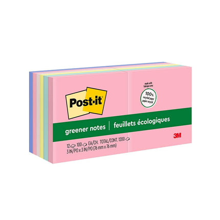 Post-it Greener Notes, 3x3 in, 12 Pads, America's #1 Favorite Sticky Notes, Helsinki Collection, Pastel Colors (Pink, Blue, Mint, Yellow), Clean Removal, 100% Recycled Material (654-RP-A)