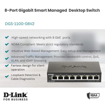D-Link DGS-1100-08V2 8-Port Gigabit Smart Managed Switch with VLAN support, layer 2 features, QoS, 802.3az EEE, Fanless, Black