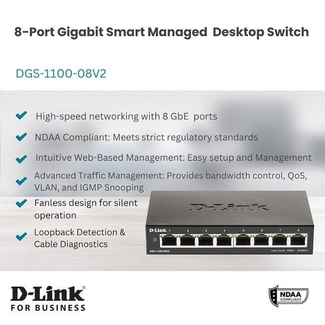 D-Link DGS-1100-08V2 8-Port Gigabit Smart Managed Switch with VLAN support, layer 2 features, QoS, 802.3az EEE, Fanless, Black