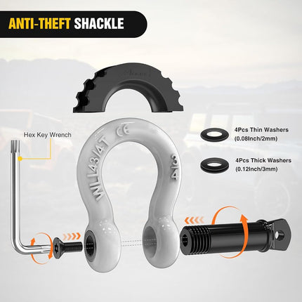 Nilight 3/4 inch D Ring Shackle 2 Pack 19T (41,887 lbs) Break Strength 4.75T WLL Heavy Duty Towing Hook with Anti-Theft System Anti-Rattle Isolators for Truck Jeep SUV ATV UTV Recovery White
