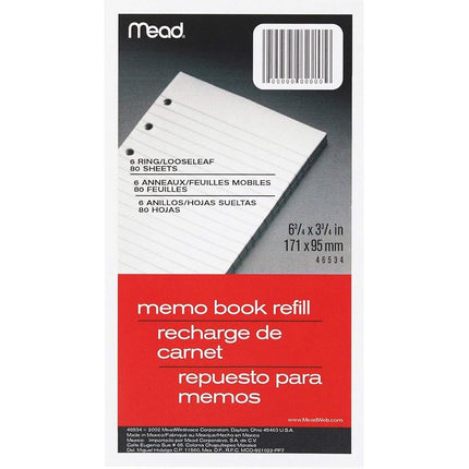 Mead 6-ring Memo Book Refill, College Rule, 6hp, 6-3/4 X 3-3/4, 80 Sheets, White, Pk - Mea46534, 2 Pack