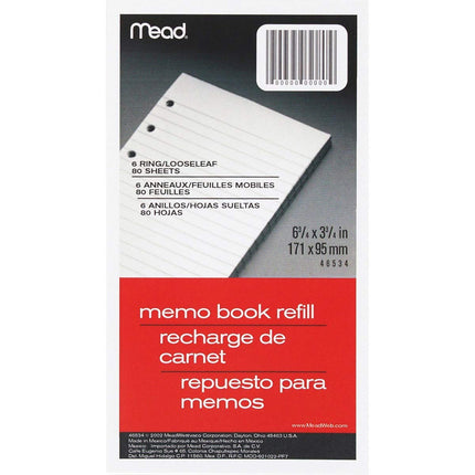 Mead 6-ring Memo Book Refill, College Rule, 6hp, 6