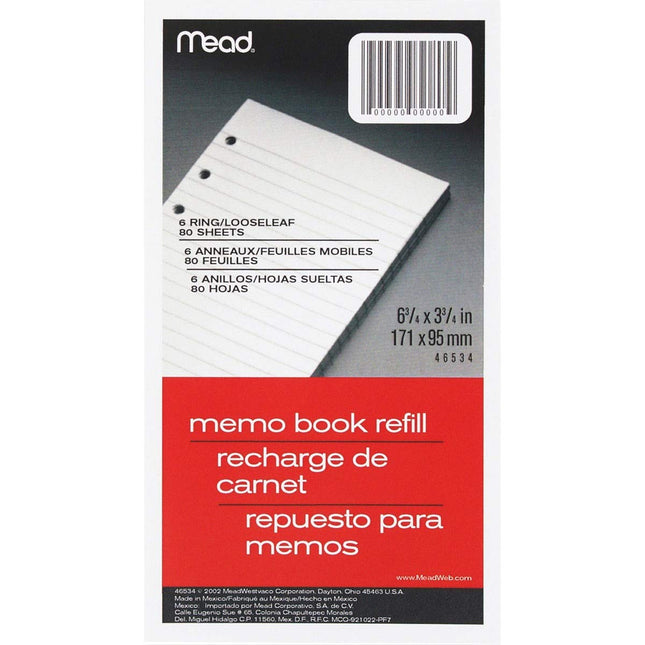 Mead 6-ring Memo Book Refill, College Rule, 6hp, 6