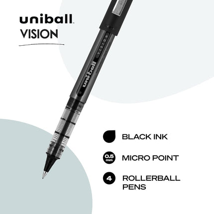 Uni-Ball Vision Rollerball Pens, Black, 4 Pack, 0.5mm Micro Point, Fine Point, Smooth Writing, Office Supplies
