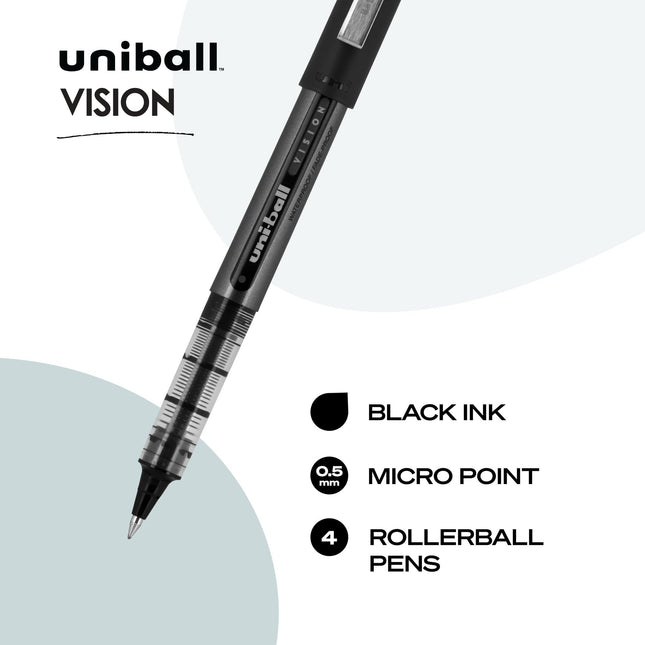 Bolígrafos Uni-Ball Vision Rollerball, Negro, Paquete de 4, Punta Micro de 0.5 mm, Punta Fina, Escritura Suave, Artículos de Oficina