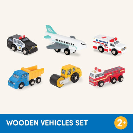 Battat Wooden Toy Cars, 6 Mini Rescue and Construction Vehicles, Set 2