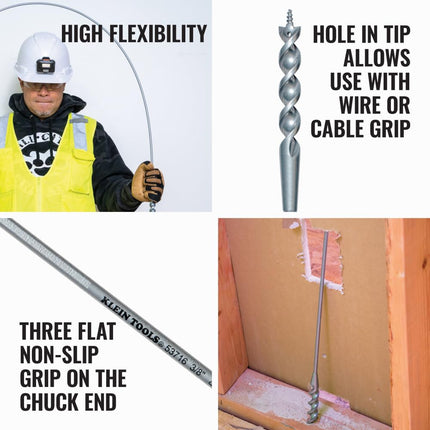 Klein Tools 53716 Flex Bit Auger, 3/8-Inch x 54-Inch Flexible Drill Bit for Pulling Wire Behind Walls