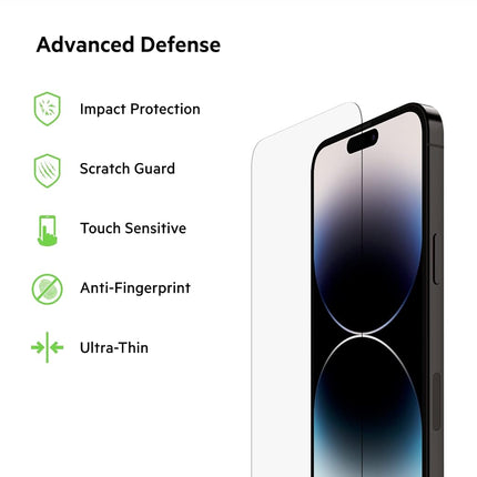 Belkin TemperedGlass iPhone 14 Pro Max Screen Protector, AntiMicrobial-Treated, Easy Bubble Free Application with Included Installation Guide Tray, 9H Hardness Tested