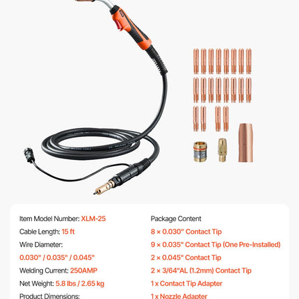 Pistola de soldadura Mig VEVOR de 250 amperios con cable de 4.5 m, compatible con soldadoras Millermatic 200, 210, 212, 250, 250X, 251, 252, adecuada para alambres de soldadura de 0.030", 0.035" y 0.045"