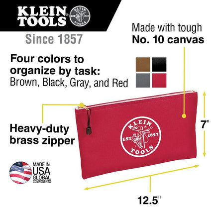 Klein Tools 5141 Zipper Tool Bag, Canvas Zipper Bag, Tool Pouch, Tool Bag, Utility Bag, Bank Deposit Bag, 12.5 x 7-Inch, Brown/Black/Gray/Red 4-Pack