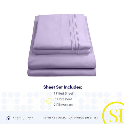 Sweet Home Collection Luxury Bedding Set with Flat, Fitted Sheet, 2 Pillow Cases, Microfiber, Lavender, Queen