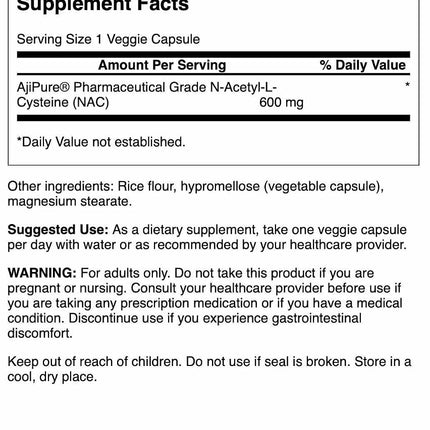 Swanson Amino Acid Ajipure N-Acetyl-L-Cysteine Pharmaceutical Grade 600 Milligrams 60 Veg Capsules