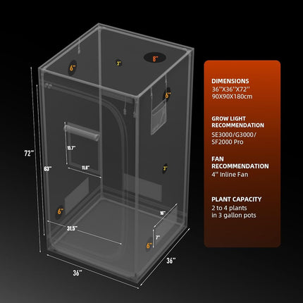 Spider Farmer 3x3x6 Pro-Grade Grow Tent, 36"x36"x70", with Observation Window and Floor Tray, 1680D Thicken Mylar Canvas Hydroponic Grow Tent, 3x3 for Indoor Growing for SF4000/SE3000