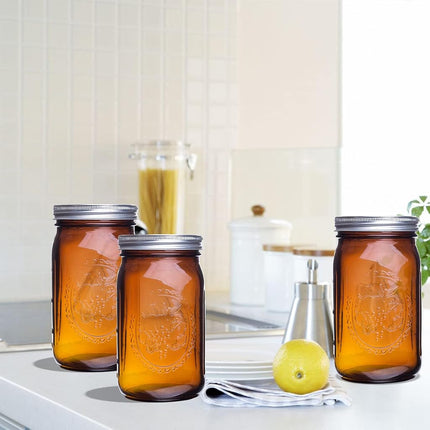 ElegantTime Amber Glass Mason Jars, 32 oz Wide Mouth with Airtight Lids and Bands - 6 Pack Large Glass Canning Jars, Great for Canning, Pickling, Fermenting, Jam Making